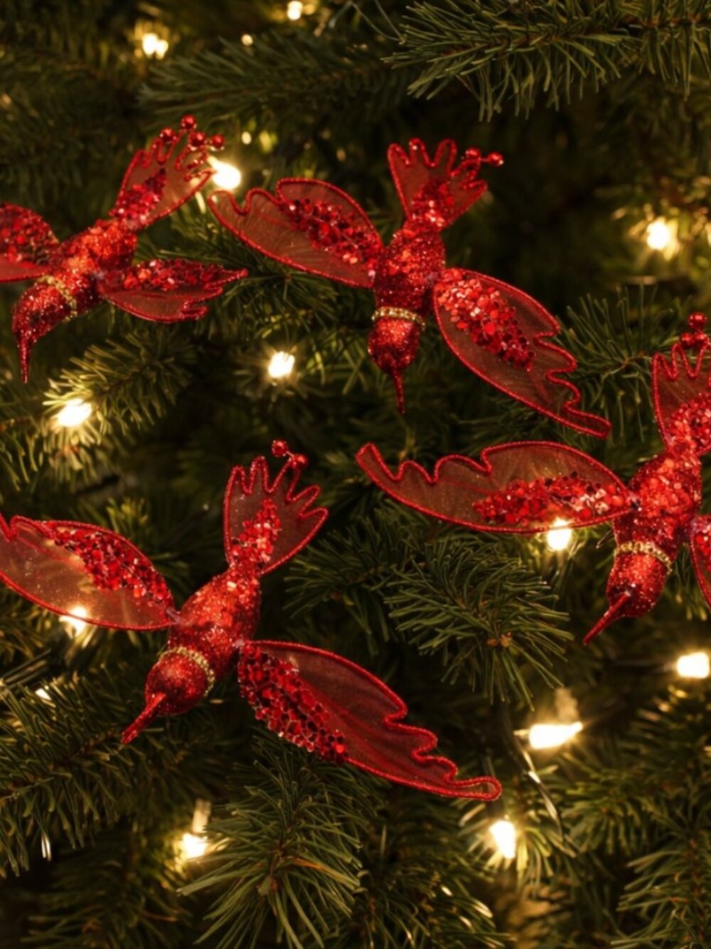 4pc Bundle Red Sequin Glitter Hummingbird Clip‑On Christmas Tree Ornaments